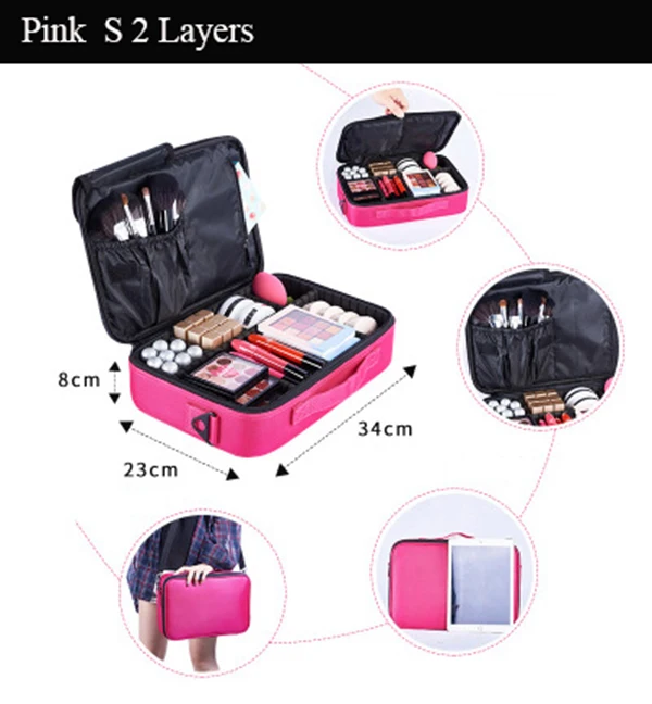 Pink S 2 layers Косметичка с зеркалом для макияжа, женские профессиональные косметички, посылка, сумка с узором для ногтей, Полупостоянный ящик для инструментов, большой косметический Чехол - Цвет: Pink S 2 layers
