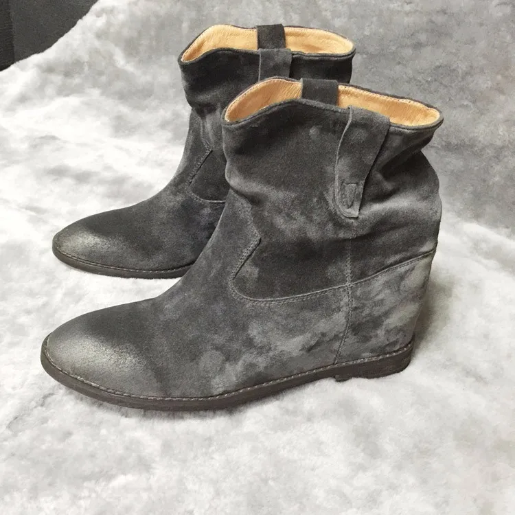 

Женские замшевые ботильоны, Винтажные ботинки на танкетке, натуральная кожа, без шнуровки, теплые ботинки для снежной погоды, 2019