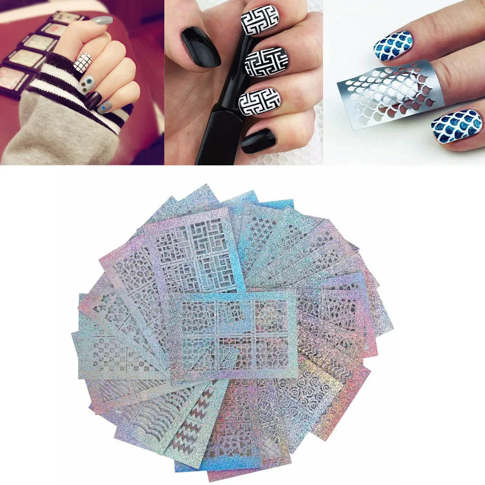 24 листа новый ноготь полые Нерегулярные сетки трафарет многоразовый для