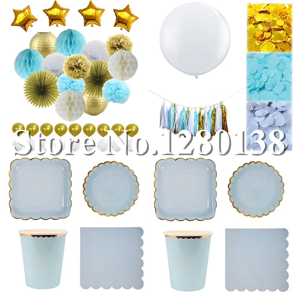 

Blue Gold Tissue Paper Confetti Tassel Garland Paper Balls Party Balloons Dinner Paper Plates Cups Napkins for Wedding Shower