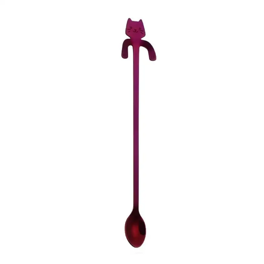 Purple Новая горячая креативная нержавеющая сталь милая кошачья ложка с длинной ручкой столовые приборы кофейные питьевые Инструменты кухонный гаджет ручка новинка - Цвет: Purple