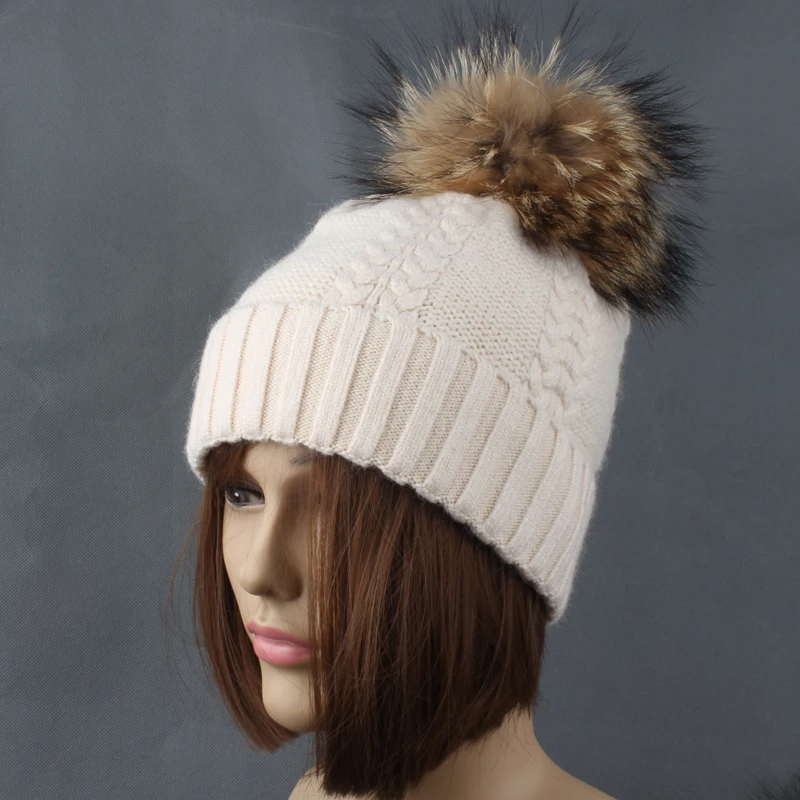 Зимние шапки из меха норки для женщин бини с помпоном кашемировые шерстяные