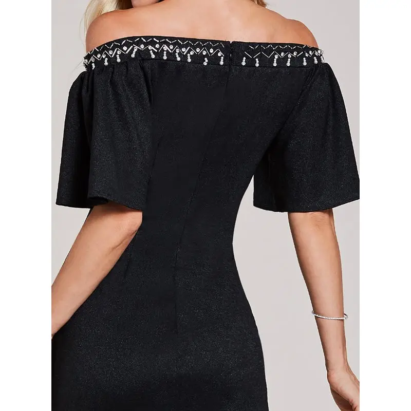 Dressv черное коктейльное платье дешевое с открытыми плечами длиной до колена с полурукавом платье на выпускной вечер элегантное модное коктейльное платье