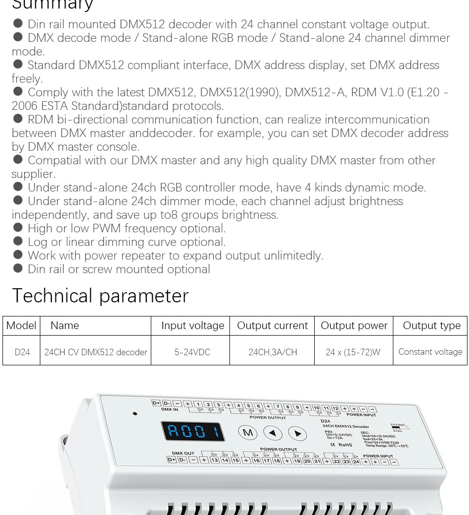 На din-рейку постоянное напряжение 24 канала DMX512 декодер; DC5-24V вход; 3A* 24CH выход с дисплеем для установки dmx адрес