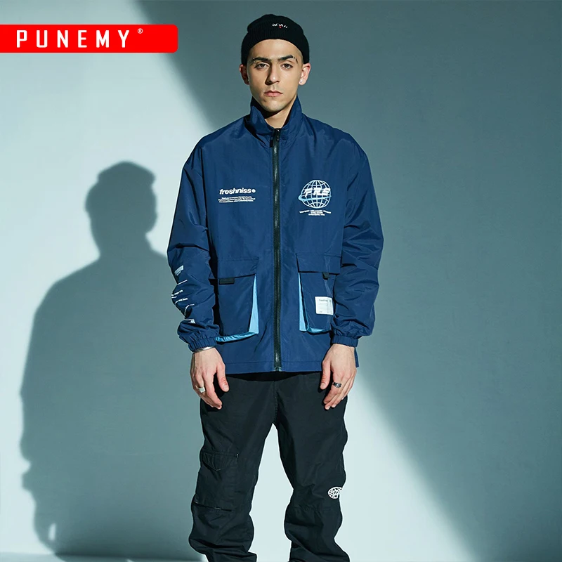 Ветровка куртка с несколькими карманами для мужчин хип хоп принт молния уличный