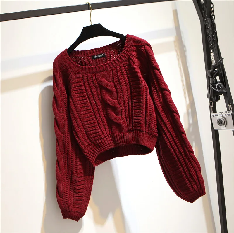 Candy colors Twisted lines Solid Sweater Autumn Winter New O-neck Long Sleeve Lantern Short Pullovers Jumper | Женская одежда