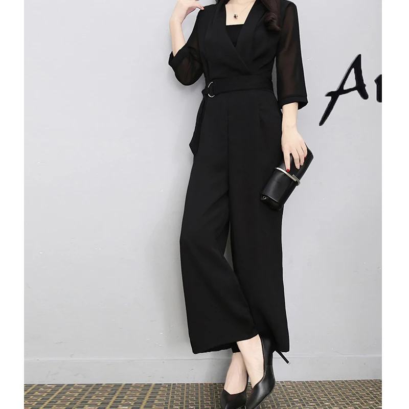Женский офисный комбинезон черного цвета с карманами и поясом|Женские