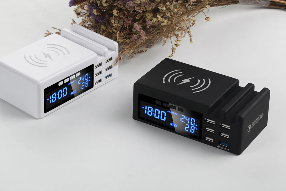 SCOMAS 48 Вт 3 в 1 6 портов USB умная розетка мульти домашний дорожный настенный адаптер питания с ЖК QC3.0 Быстрая зарядка+ Беспроводное зарядное устройство