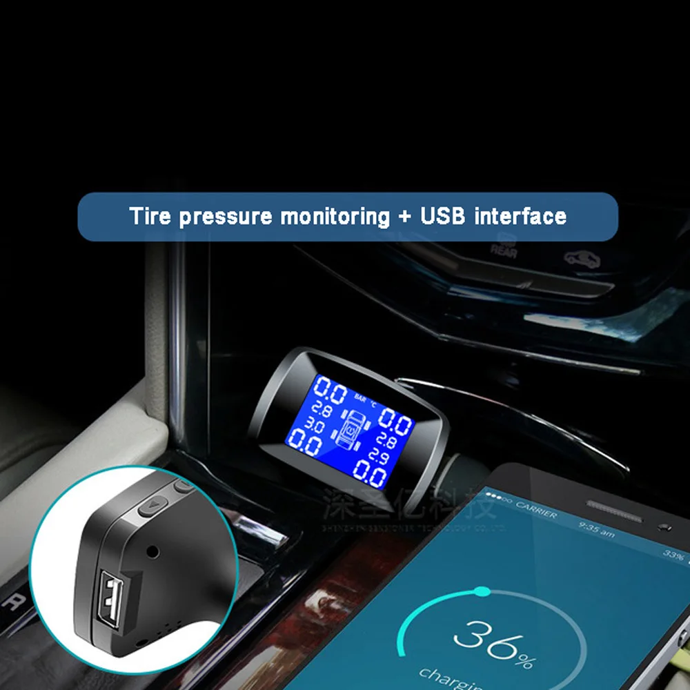 Car Tire Pressure Monitoring System Cigarette Lighter Plug TPMS LCD Display Waterproof 4 External Internal Sensors USB Charging |