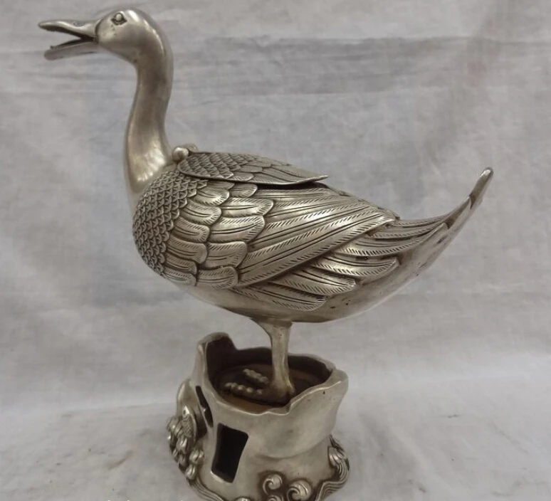 JP S0114 11" Chinese Silver Duck Head On Wealth Fish Statue Incense Burner Censer Holder |