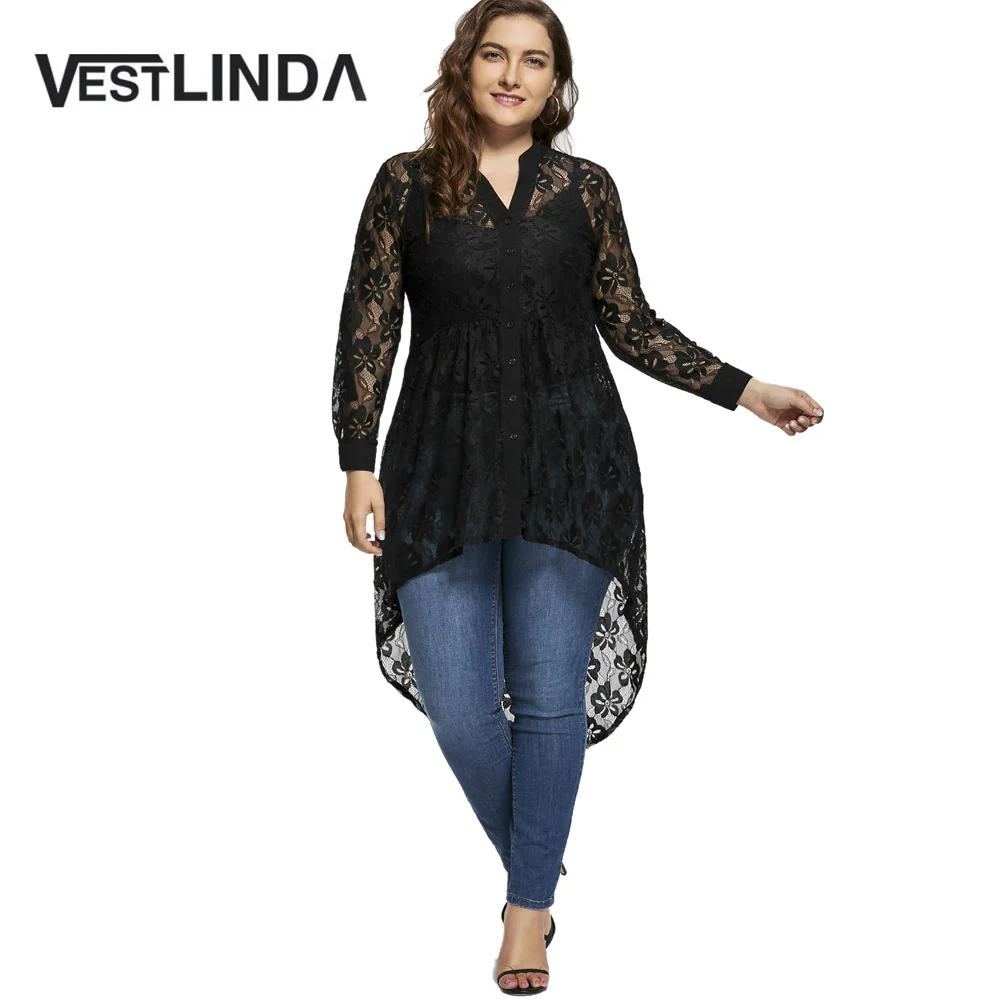 Женская кружевная блузка VESTLINDA черная с длинным рукавом v образным вырезом и