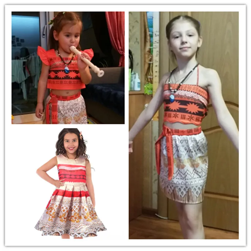 Kids Girl Princess Party Dress Moana Adventure Elsa Clothing Girls Set with wig and Necklace baby Vaiana Cosplay Clothes | Детская