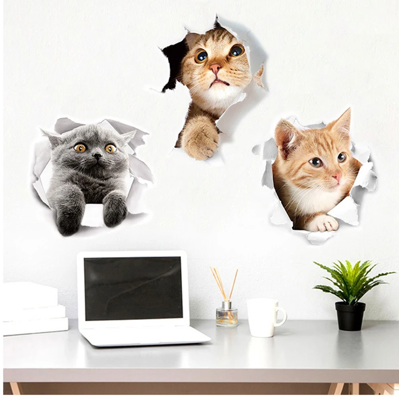 Отверстие вид Cat 3D стены Стикеры Ванная комната туалет детская украшение