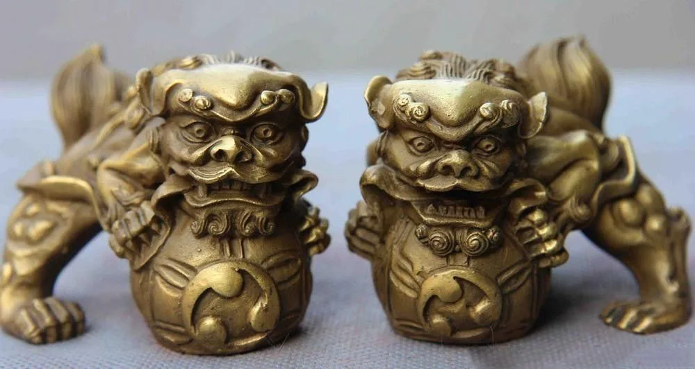 Chinese Fengshui Animal Copper Brass Foo Dog Lion Kylin Unicorn Play Ball Statue | Statues &amp Sculptures