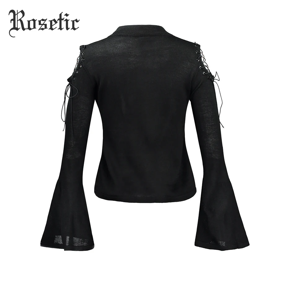 Rosetic Brand Gothic Style Lace-Up Hollow Out Flare Sleeve Sexy Strapless Bandage Autumn Women Short Knitting Sweaters | Женская одежда