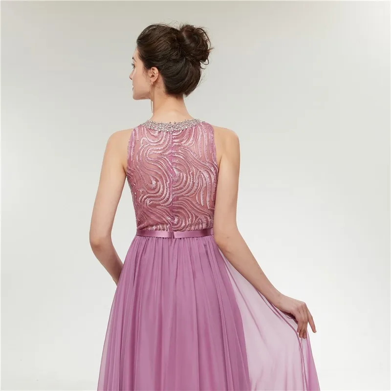 Vivian's Bridal 2018 Сетчатое розовое длинное вечернее платье с бисером и круглым