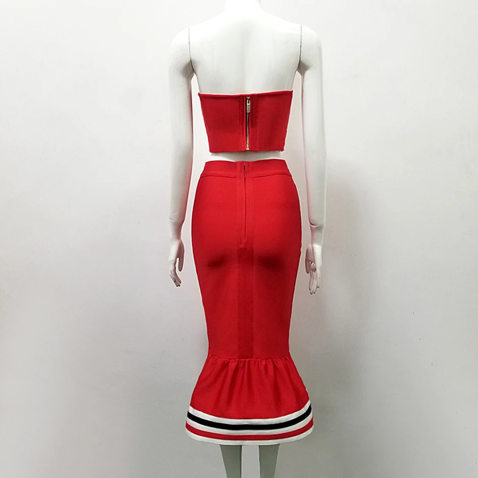 New fashion red two-piece ladies bandage dress sexy strapless fishtail stretch in the long calf club party 2020 | Женская одежда