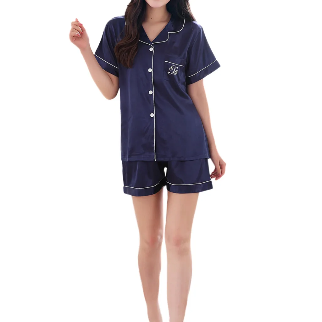 Dark Blue Женская одежда для сна, женское нижнее белье, повседневная Весенняя однотонная удобная домашняя пижама с коротким рукавом, набор женских пижам, горячая Распродажа - Цвет: Dark Blue
