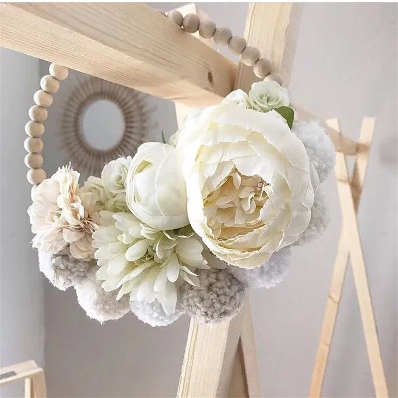 Скандинавский деревянный с меховыми помпонами для кольцо “Цветок” гирлянда