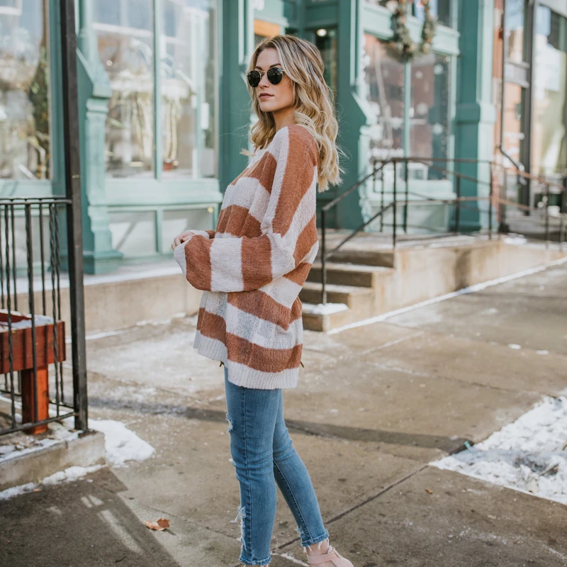 Негабаритные полосатые тонкие свитера женские 2018 Весна Осень трикотажные топы