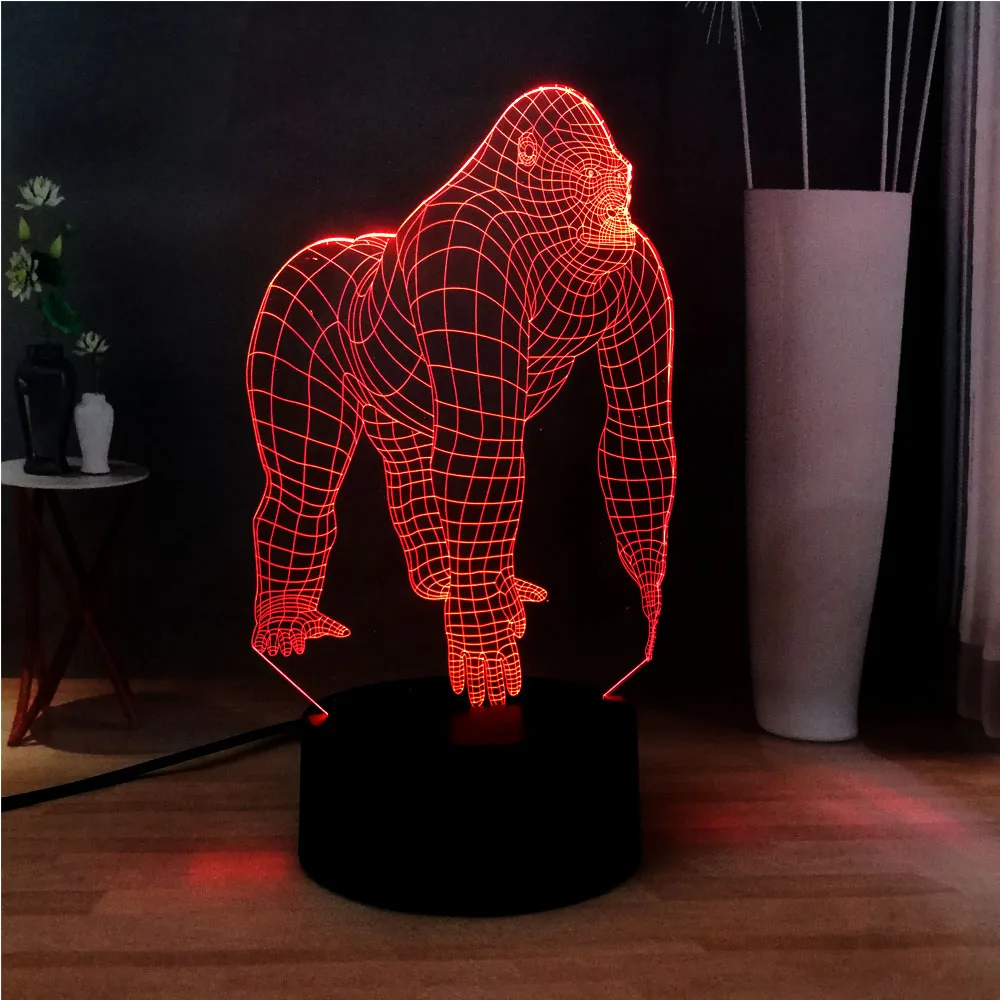 3D иллюзия животных Сексуальная Милая Горилла шимпанзе лампа 7 цветов меняющая