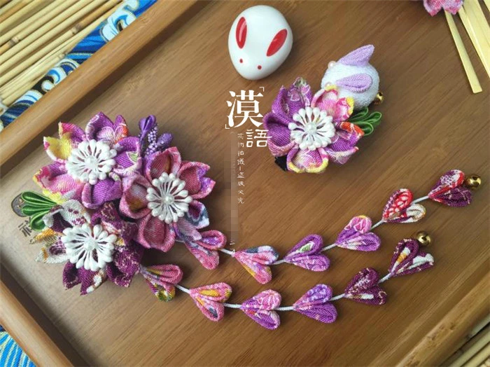 

hand made hairpin set cotton cloth hair clip barrettes Japanese kimono cosplay accessories sakura bunny purple B