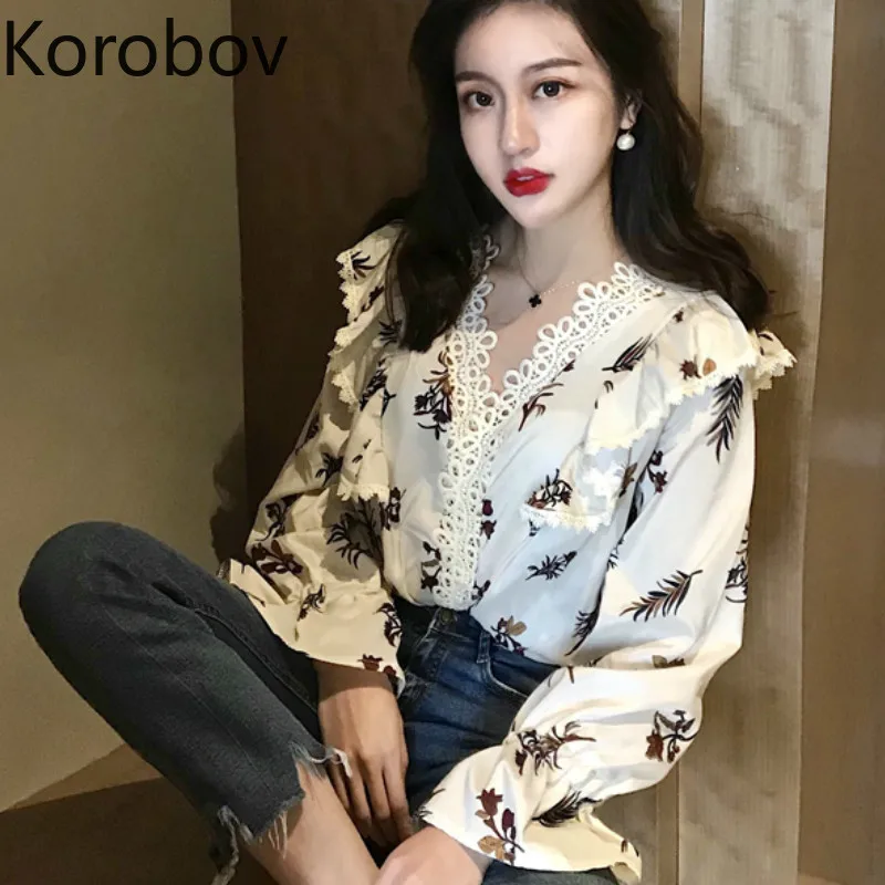 Коробов 2019 новые летние элегантные кружевные лоскутные Блузы Цветочный принт с v