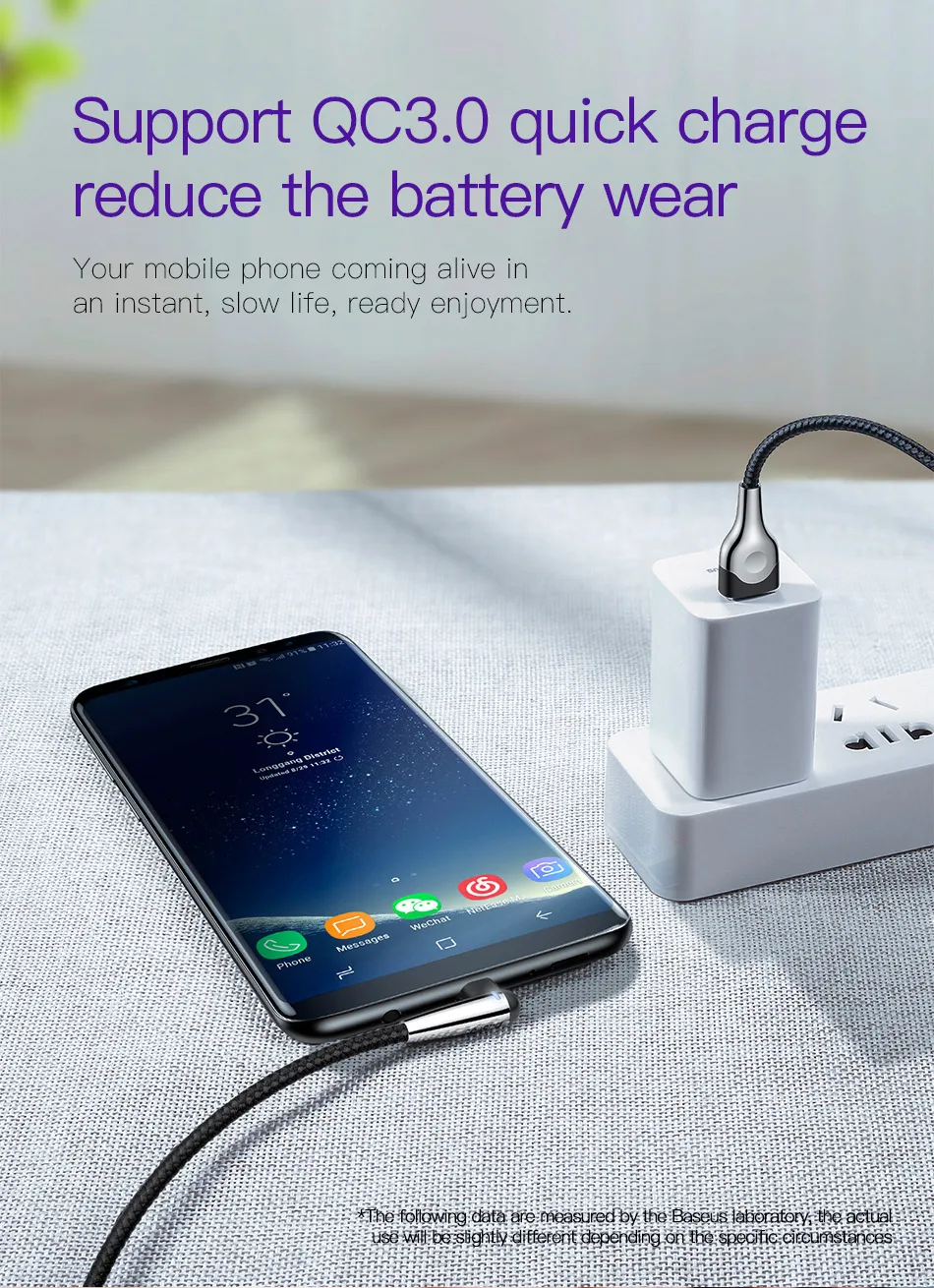 Baseus светодиодный светильник USB C кабель 90 градусов Тип C USB-C провод шнур Быстрый кабель передачи данных тип-c кабель адаптер для samsung S9 Oneplus 6 5t