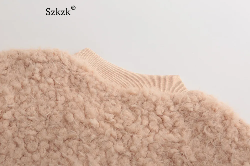 Szkzk короткое пальто из искусственного меха Женская Осенняя зимняя модная уличная одежда на молнии с v-образным вырезом и длинным рукавом теплая мягкая плюшевая куртка женская верхняя одежда