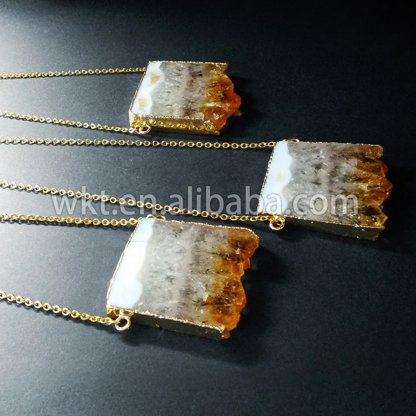 WT-N385 Wholesale natural slice yellow stone double loops pendant necklace, fashion yellow stone connector pendant necklace