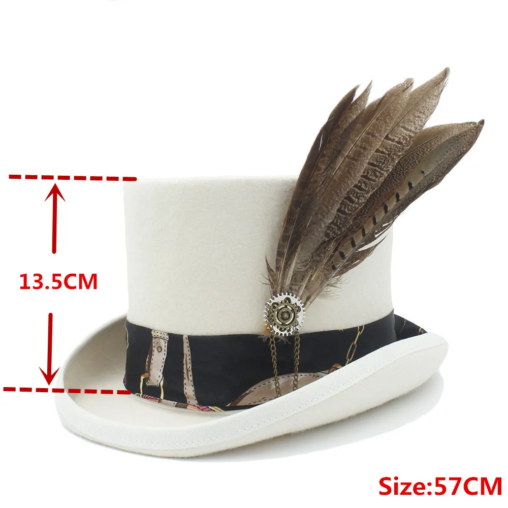 White Leather-57CM 13,5 см Топ для женщин и мужчин белый стимпанк топ шляпа с ручной работы кожа шерсть шляпы федоры/шляпа-цилиндр/шимпанзе - Цвет: White Leather-57CM