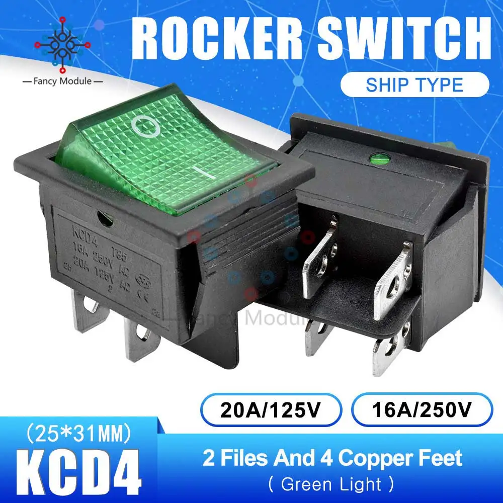 KCD4 25*31 мм 2 Позиции 4 булавки Feets кулисный переключатель питания сенсорный Переключатель ВКЛ/ВЫКЛ корабль тип с светильник 16A 250 В 30A 125 в - Цвет: Зеленый