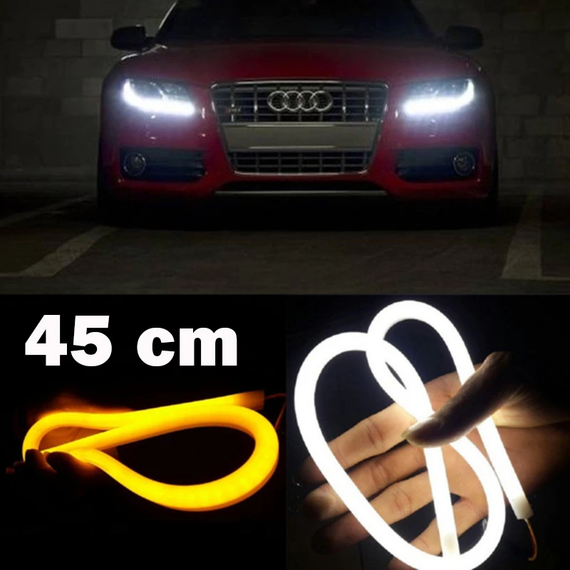 

SUNKIA 2Pcs/Pair Flexible 45cm Light Strip Daytime Running Light with Turn Signal LED Light DRL White Amber Switchback