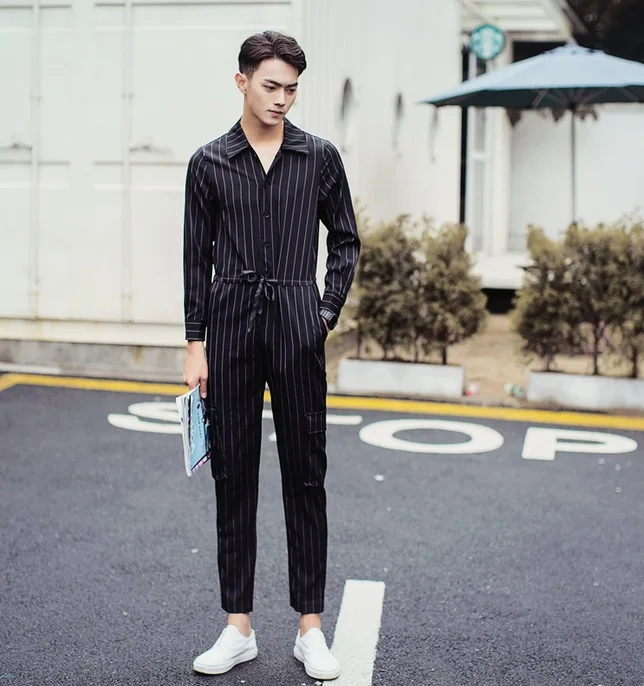 Мужской комбинезон в черно белую полоску повседневные брюки Корейском стиле
