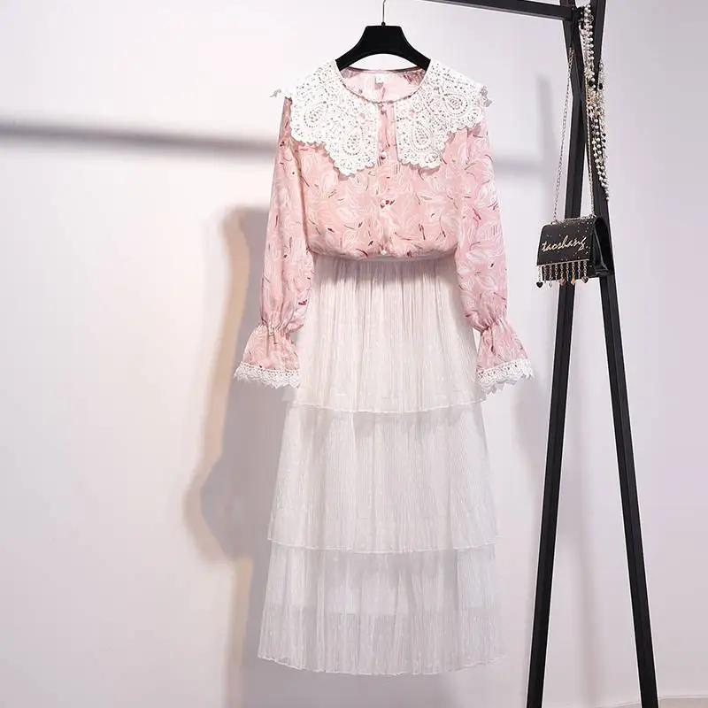 pink and white Новинка Весна Лето Женский милый комплект из двух предметов для леди винтажный цветочный принт Блузка+ юбка костюмы женские тонкие шифоновые наборы X33 - Цвет: pink and white