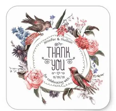 

1.5inch Vintage Love Bird Floral Thank You Wedding Custom Square Sticker