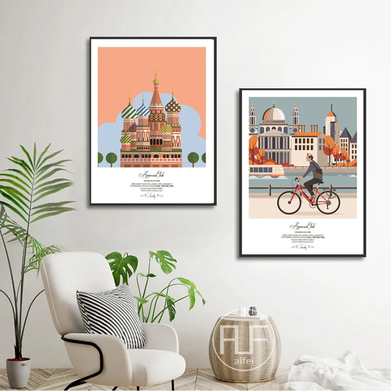 Простой мультфильм архитектурный пейзаж живопись холст Nordic украшения дома