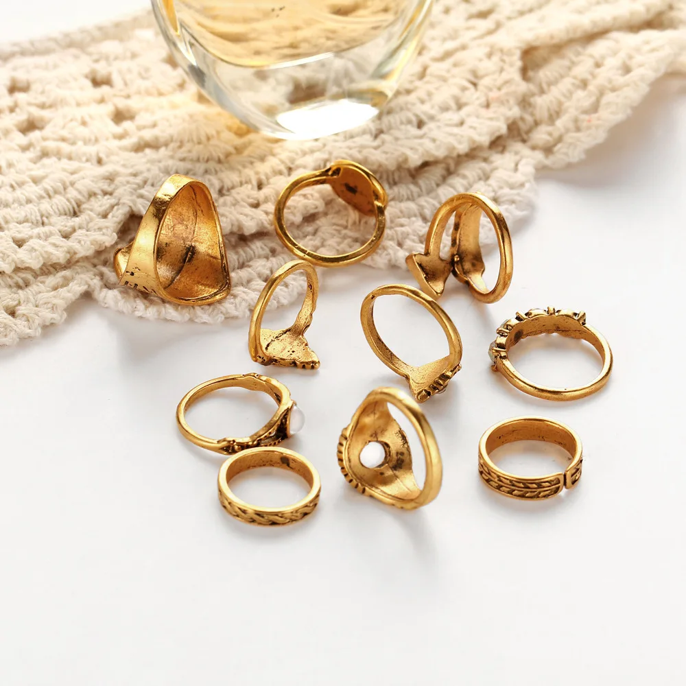 10 шт. Boho Тарельчатая Набор Винтаж палец кольцо набор с листа антикварные