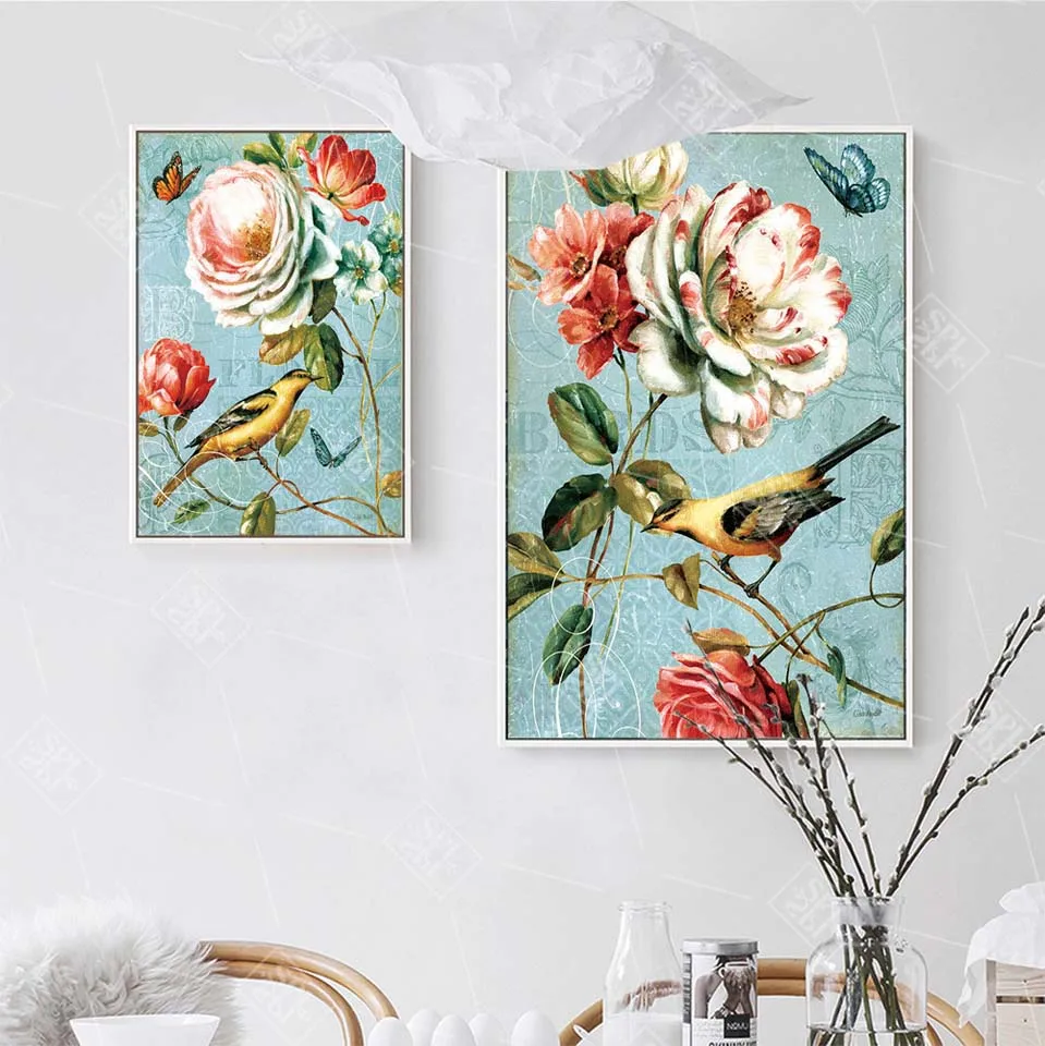Vintage Flower Birds Animals Canvas Painting Nordic Home Decoration Posters and Prints Wall Art Picture for Living Room No Frame