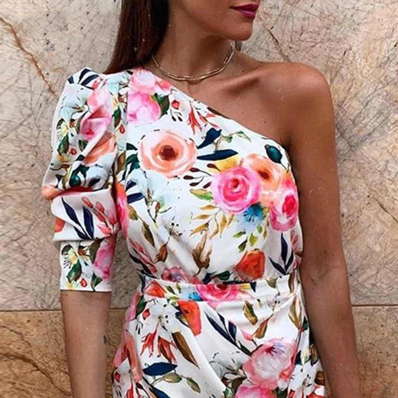 

One Shoulder Floral Print Bodycon Dress Women One Sleeve Plunge Summer Dress 2019 Irregular Sexy Party Dresses