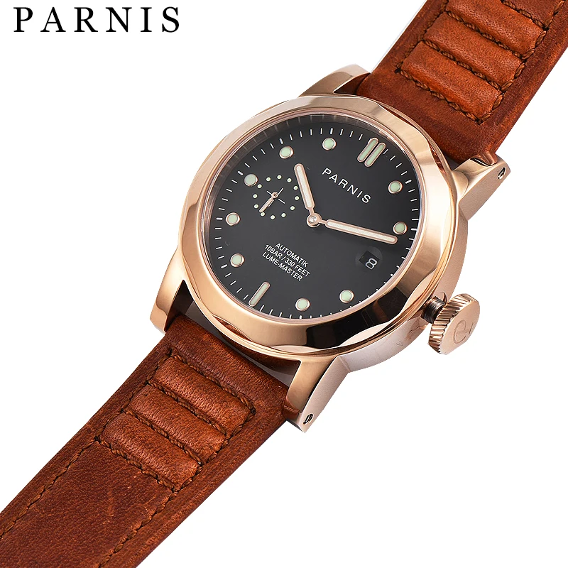 Мужские автоматические механические часы Parnis светящиеся из воловьей кожи 10 ATM 43
