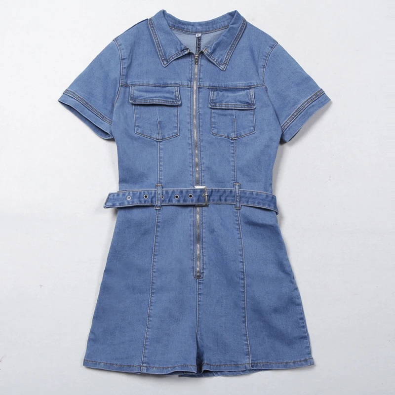 

Sexy blue denim jeans romper Female fashion belt club short jumpsuit