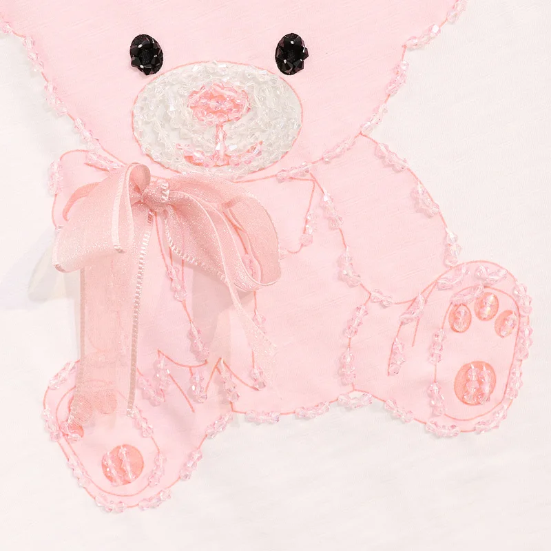 2019 летняя новая футболка женский топ с бисером бантом принтом маленького медведя