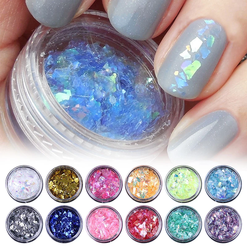 

12Colors/Set Iced Mylar Nail Art Flakes Professional DIY Nail Tips Glitter Decals For Nail Art Decoration Make Nails Sparkling