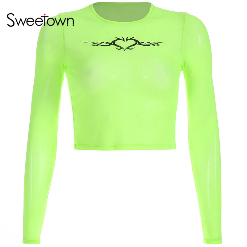 green Sweetown Лето тонкий сетчатый топ розовый длинный рукав укороченный Топ Футболка зеленый передний цветочный принт прозрачный топ Женская Сексуальная рубашка - Цвет: green