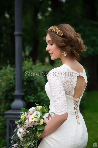 Короткое Кружевное Свадебное платье рукава средней длины шнуровка сзади Пляжное