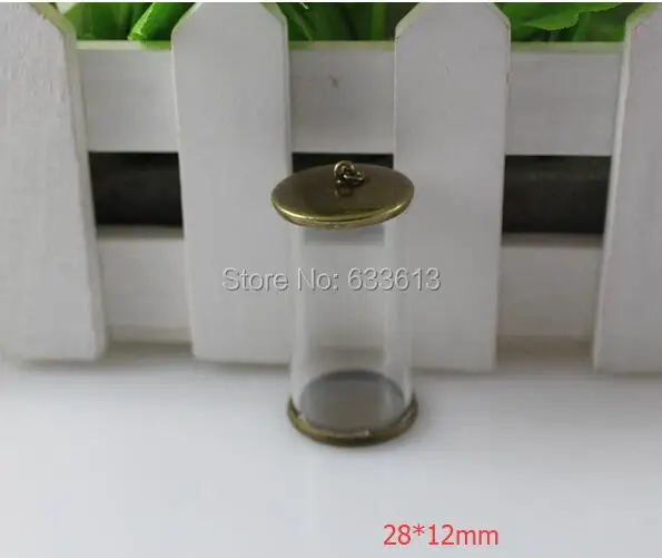 

New 50sets/lot 28*12mm long tube glass globe & 12mm bronze color cover button set (no filler) glass wish bottle sweater pendants