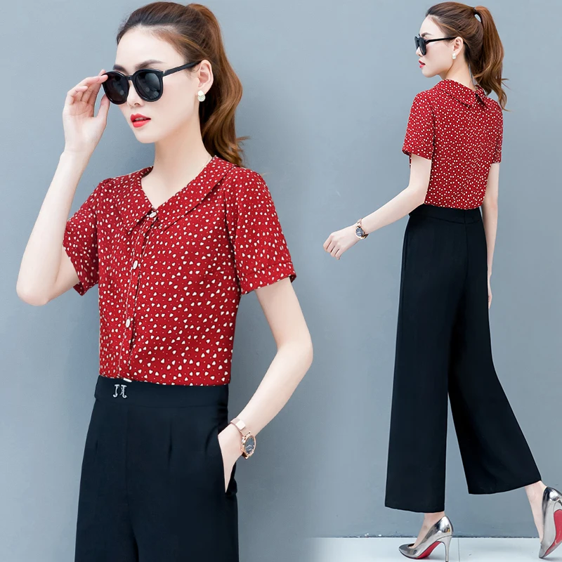

Summer outfit tall waist wide-legged pants Korean fashion suits new short sleeves shirt dot print top blouse two-piece suit
