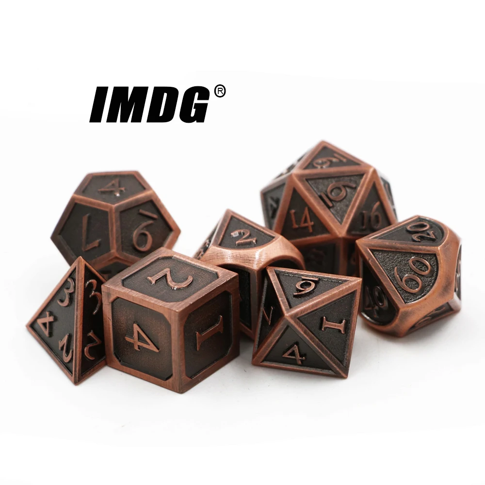 

IMDG 7 шт./компл., креативная РПГ игра, игральные кости, многогранные металлические кости, DND, новый шрифт, древняя красная медь, цветная цифрова...
