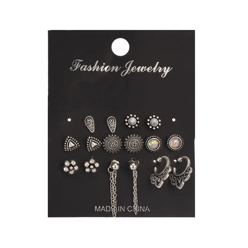 

8 Пары/компл., набор сережек-гвоздиков серебряного цвета в античном стиле для женщин и девушек, новые модные разнообразные серьги с кристалл...